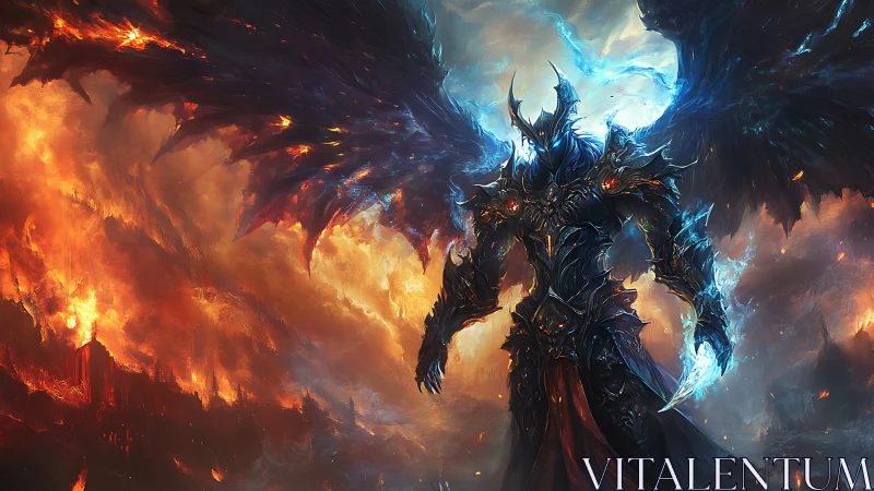 Armored demonic warlord dominates apocalyptic inferno skyline