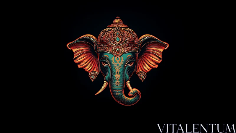 Ornate stylized elephant head is centered on black background