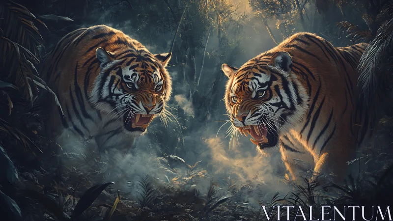 Two Bengal Tigers Snarling in Misty Jungle Confrontation.