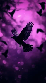Silhouetted raven soars through violet bokeh twilight sky