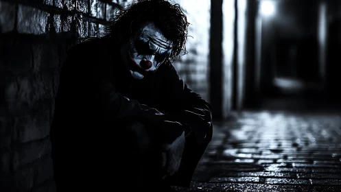 Sad clown crouches alone in a dimly lit urban alleyway.