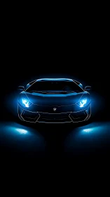 Electric blue supercar glows dramatically against black void