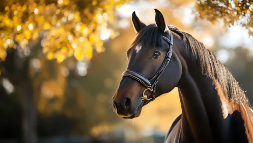 Dark brown horse wearing bridle stands before sunlit trees