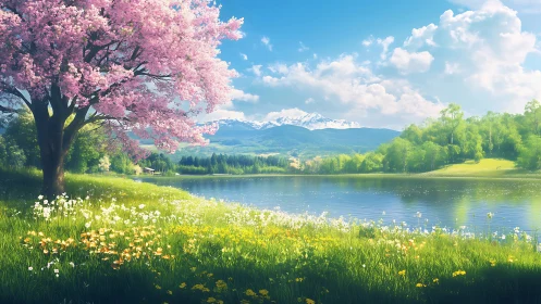 Cherry tree and wildflower meadow beside mountain lake.