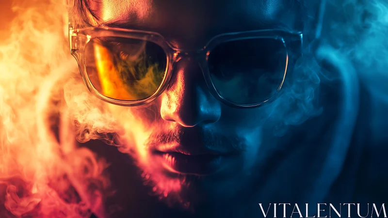 Portrait shows person in glasses lit by opposing colored light