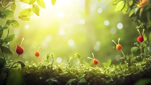 Tiny glowing forest critters strolling through soft sunlight.