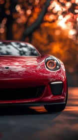 Crimson supercar prowls beneath molten autumn embers.