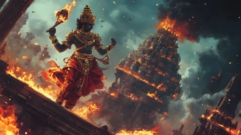Mythic fire deity strides through burning temple complex