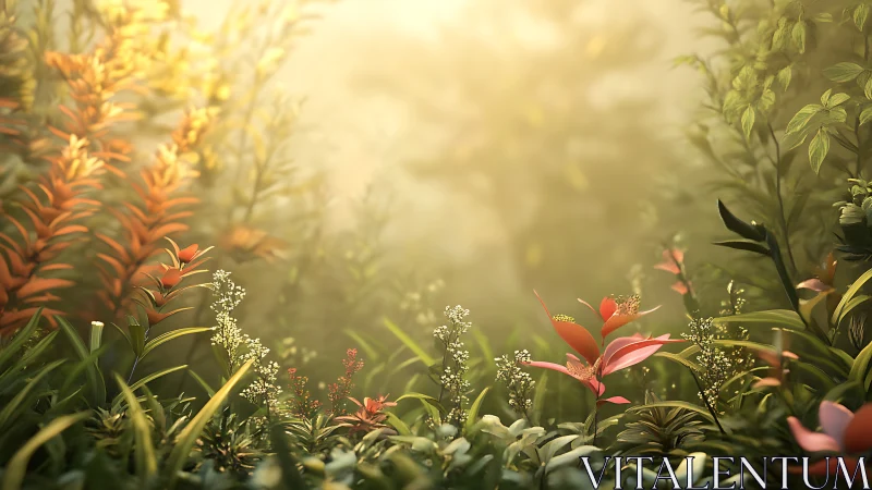 Sunlit forest floor shows lush flowers under golden haze