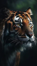 Majestic tiger portrait in moody forest light at dusk.