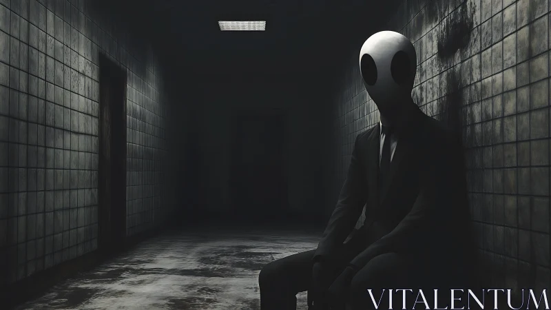 Humanoid figure with white mask sits in dim tiled hallway