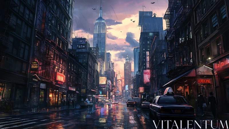 Nocturnal rain-slick megacity corridor under neon and dusk glow.