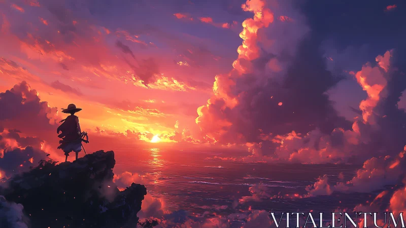 Samurai silhouette watching vivid ocean sunset sky.