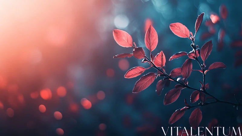 Macro bokeh study of red foliage with teal ambient backlight.