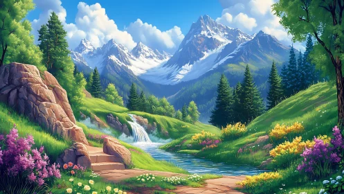 Digital painting alpine valley with river, pines, and florals.