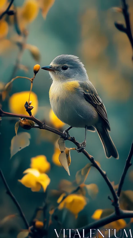 Small passerine bird on branch with shallow depth-of-field bokeh