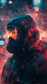 Hooded figure in gas mask with fiery visor in smoke.