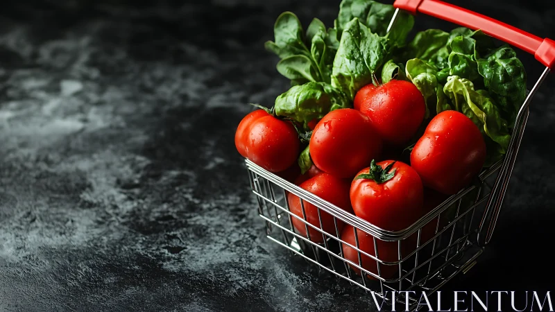 Basket of ripe tomatoes and leafy greens sits on dark surface