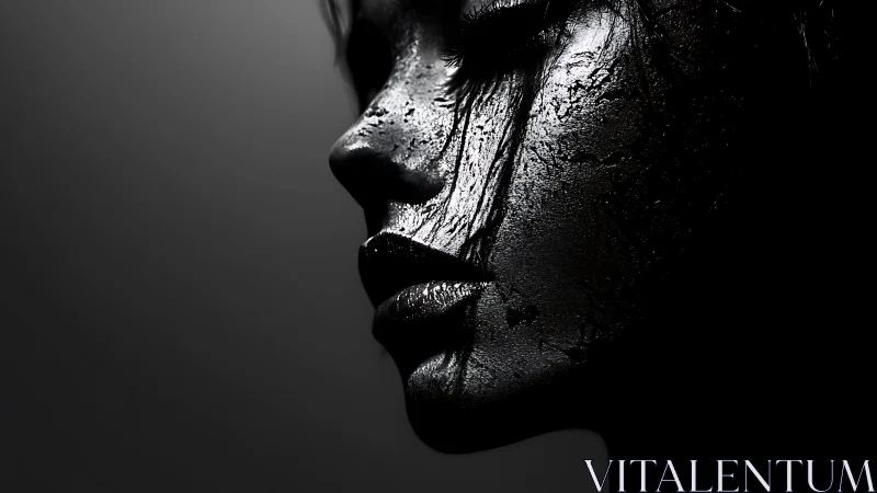 High-contrast profile portrait shows textured, oil-coated skin surfaces