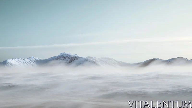 Snowbound mountain ridge emerging through pale morning fog.