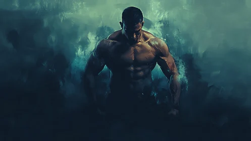Muscular male figure emerges from dark teal misty void