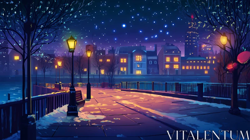 Snowy riverside city street under glowing night sky.