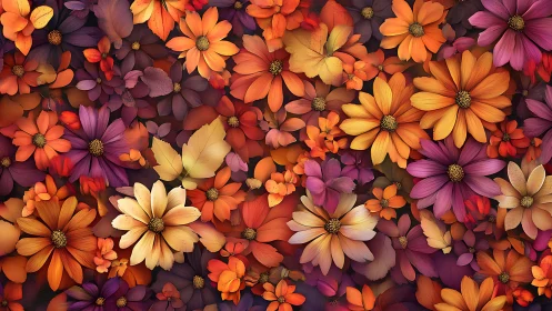 Dense Composition of Daisy-form Flowers in Warm and Cool Chromatic Range