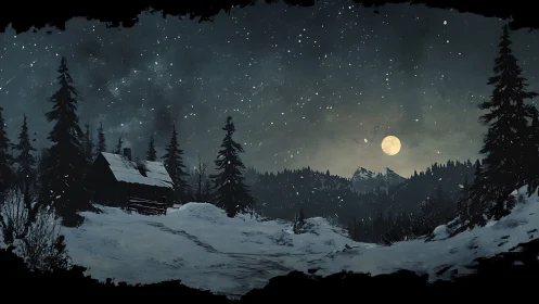 Moonlit winter cabin under star-filled alpine night sky.