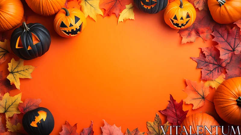 Cheerful jack o’lantern border with glowing autumn leaves.
