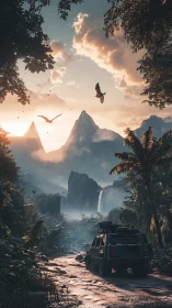 Off-road expedition vehicle enters misty Jurassic valley at dawn