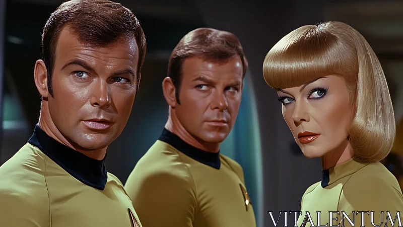 Photorealistic retro starship crew portrait in tight framing.