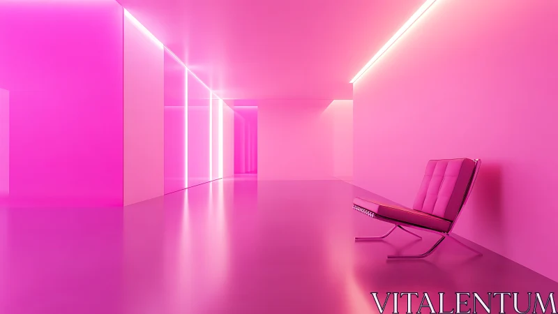 Monochromatic pink corridor with minimalist lounge chair.