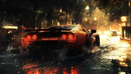 Rear-lit sports car accelerates through neon rain-soaked street