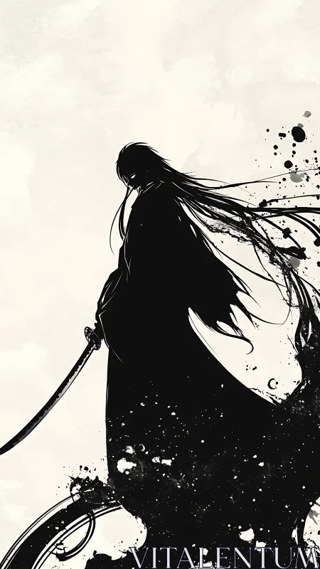 Silent swordsman silhouette rises from ink and shadow storms