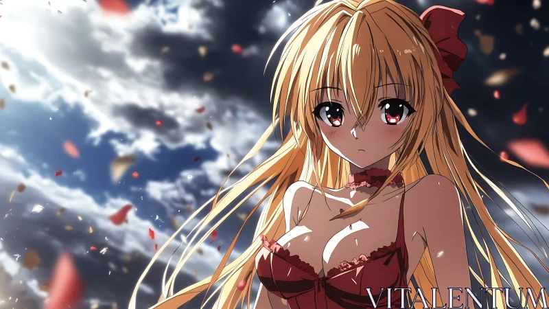 Stormlit petals frame a solemn girl in crimson lace