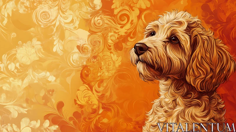 Textured golden doodle portrait on ornate floral orange field.