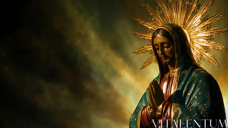 Praying Madonna statue glows softly against dramatic skies