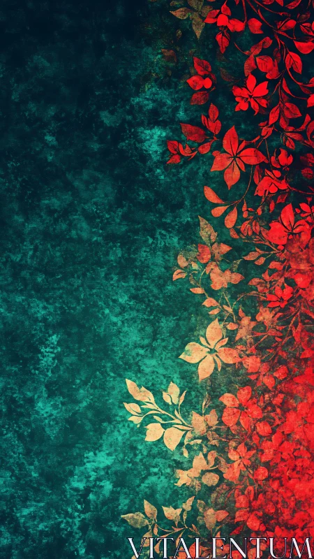 Vertical floral border contrasts red foliage with teal ground