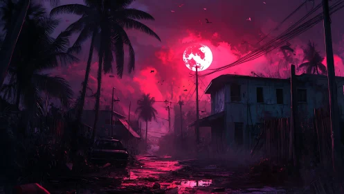 Abandoned tropical street under vivid magenta full moon.