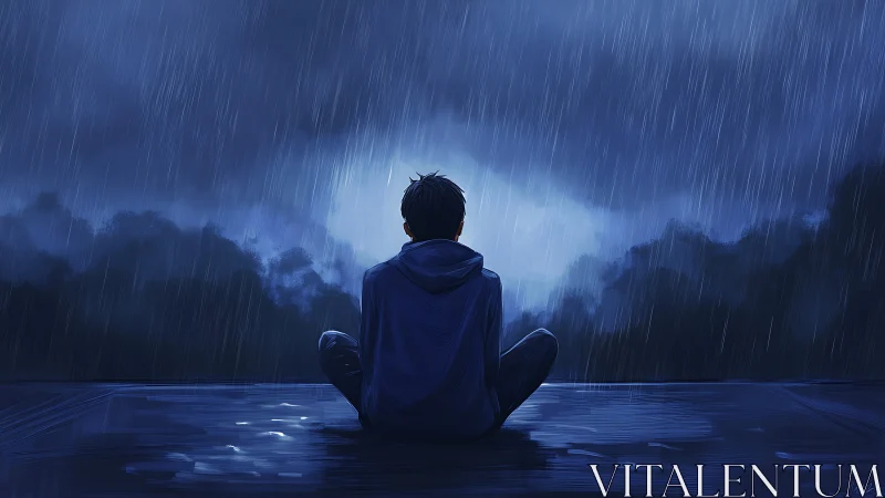 Solitary figure sitting in heavy nighttime rainstorm outdoors.