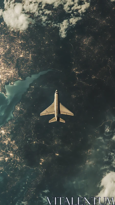 Orbital spaceplane over illuminated coastline at nightfall