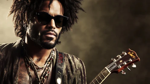 Rock guitarist in sunglasses holds guitar under studio glow.