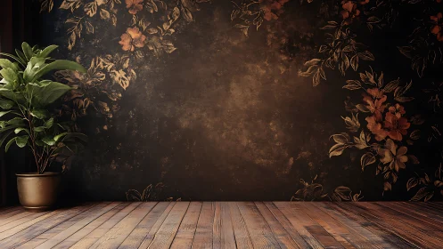Indoor corner with floral wall, potted plant and wood floor.