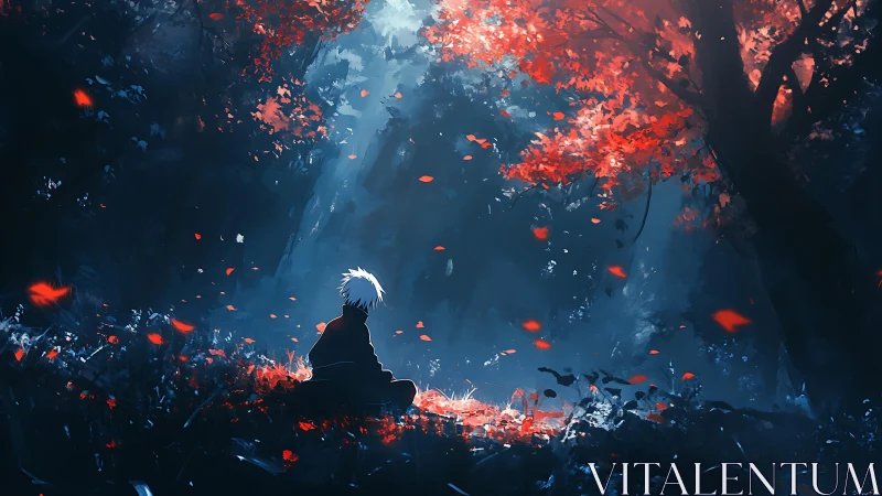 Solitary figure sits in blue forest under red tree canopy