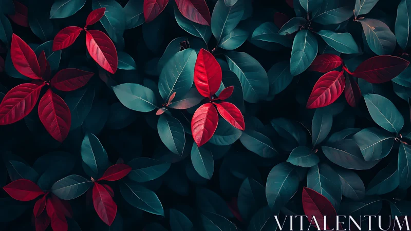 Crimson leaves over teal foliage in moody contrast pattern.