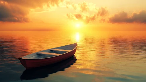 Solitary wooden rowboat rests on reflective ocean at sunset