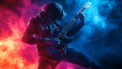 Guitar comet slices through neon fire and electric nebula clouds