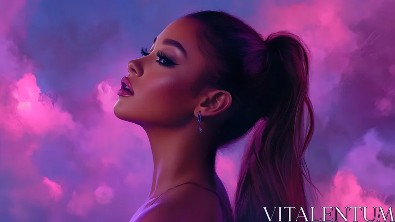 Soft neon portrait bathed in dreamy purple twilight glow.