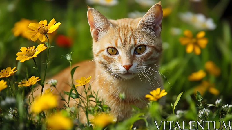 Orange Tabby Cat Surrounded by Yellow Wildflowers