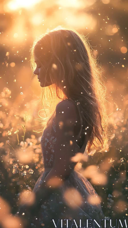 Side profile of young person in backlit field of flowers